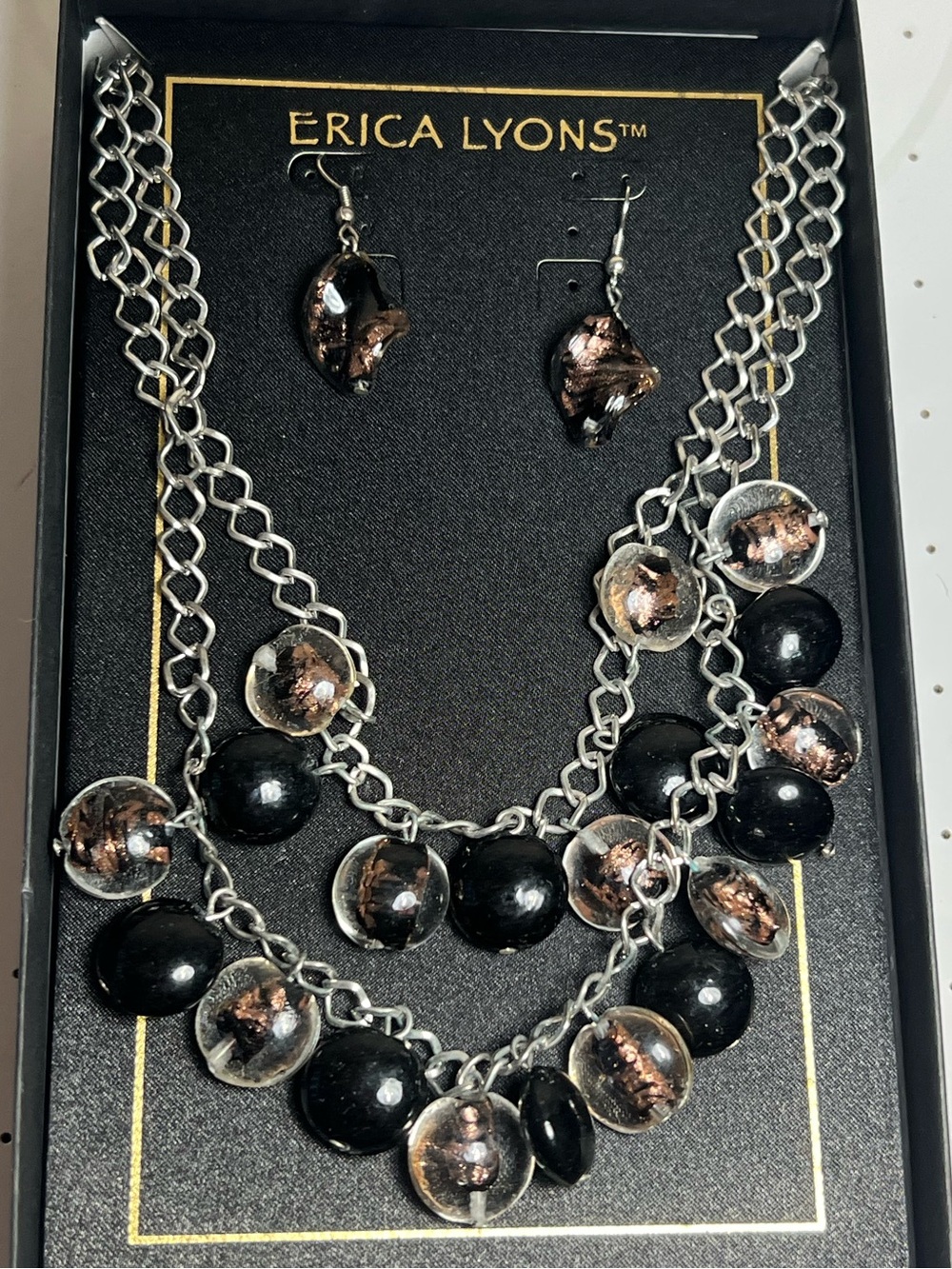 Erica Lyons Necklace & Earrings Set Black Glass Beads Original Box Gift Set